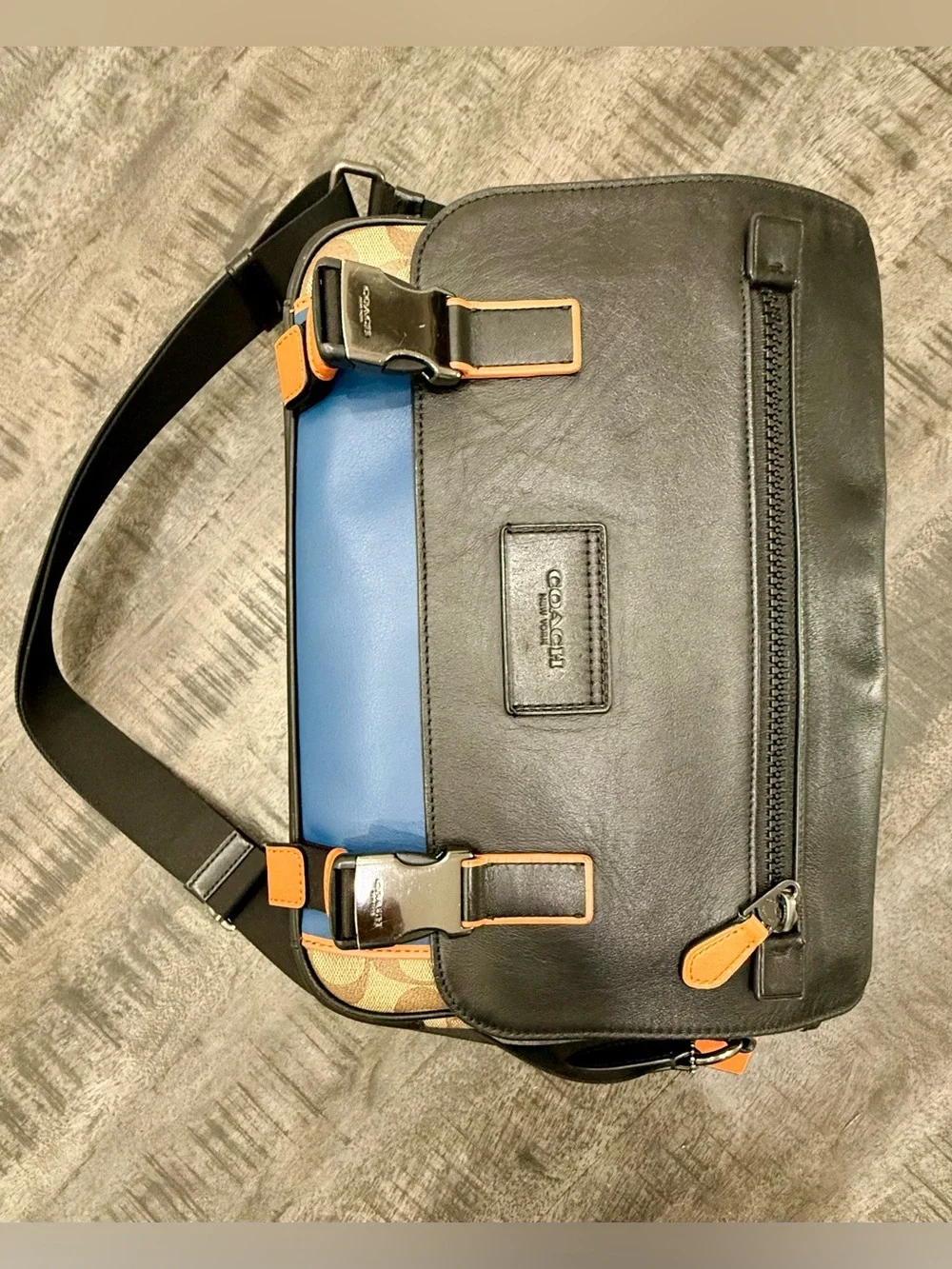 Coach Black Leather & Brown Signature Canvas Messenger Bag with Orange Accents